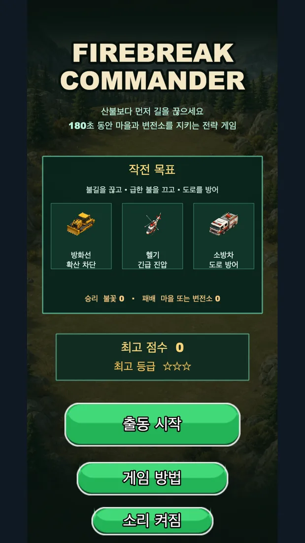 Firebreak Commander 시작 화면