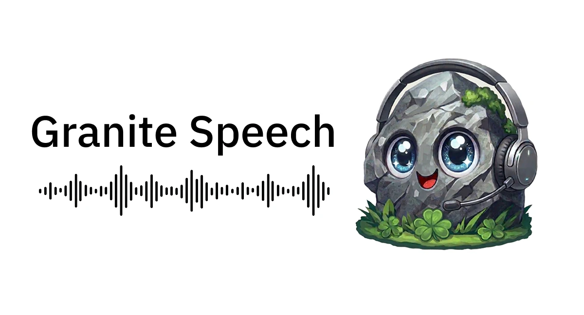 파형과 헤드셋을 쓴 돌 캐릭터가 있는 IBM Granite Speech 공식 대표 일러스트