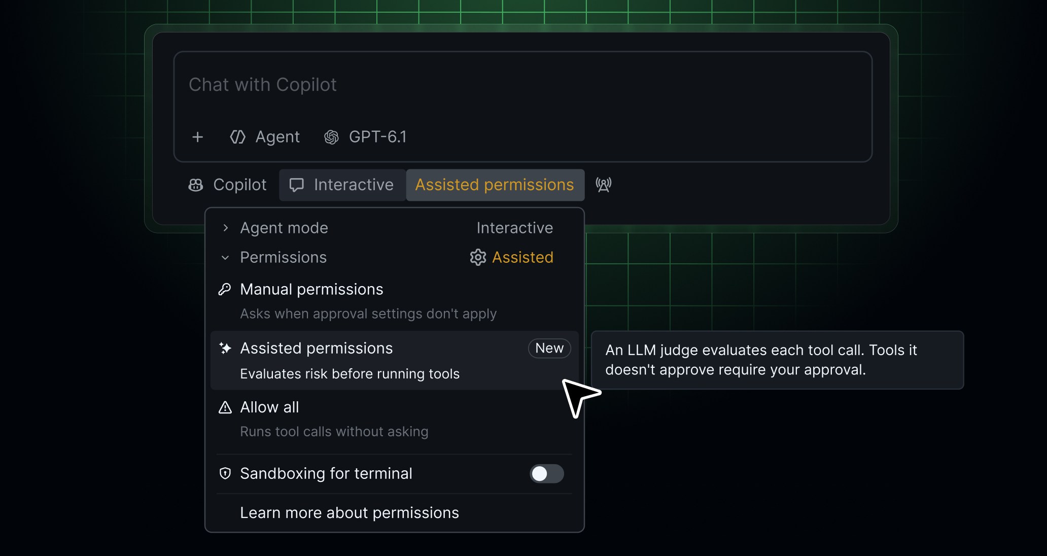 GitHub 공식 발표의 VS Code Assisted permissions 선택 예시 화면.