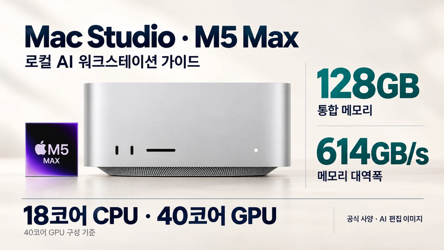 Apple 공식 Mac Studio 제품 사진과 M5 Max 칩 그래픽을 참조한 인포그래픽으로 128GB 통합 메모리, 614GB/s 대역폭, 18코어 CPU와 40코어 GPU를 표시